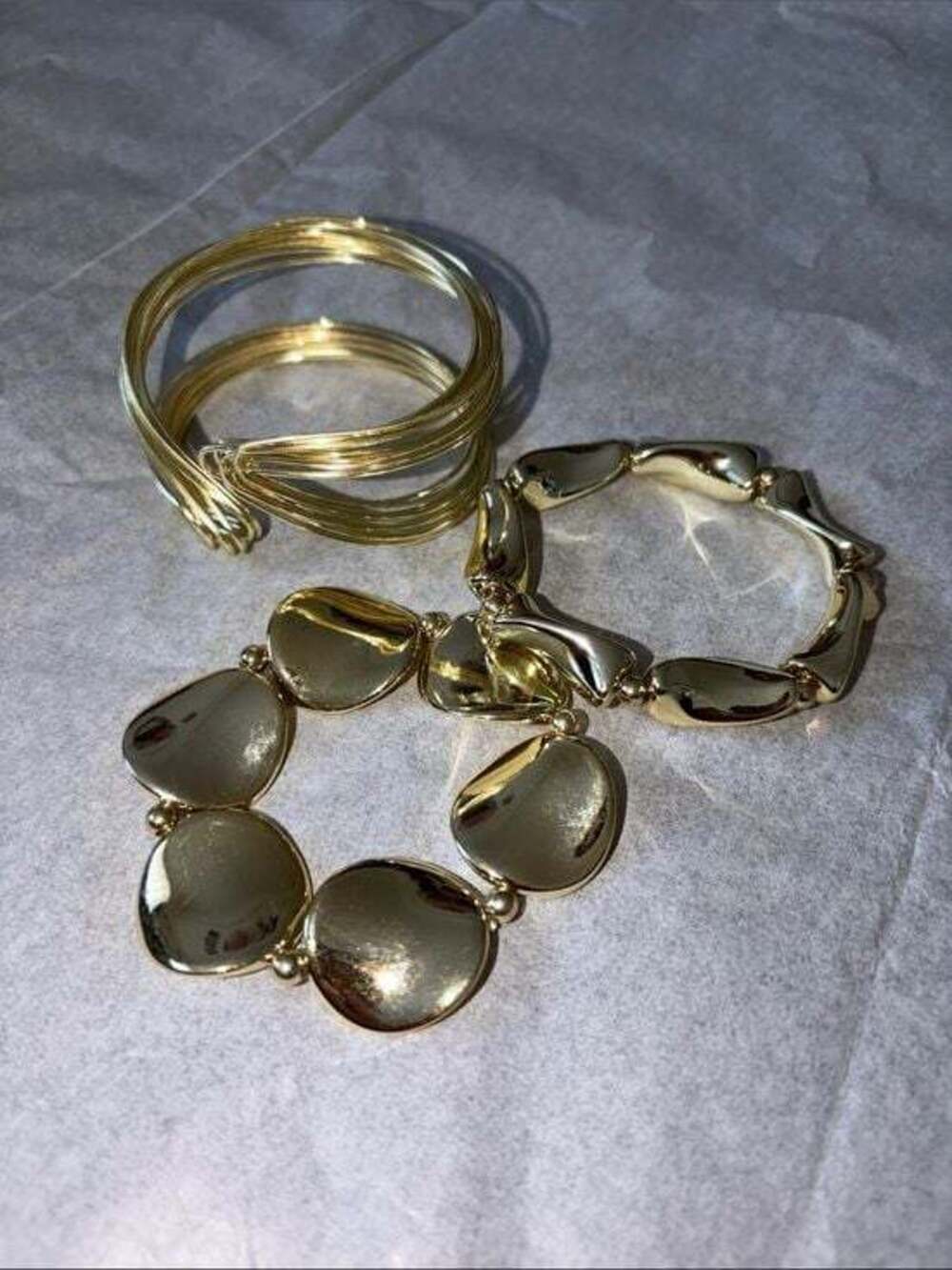 Set of Three Gold Tone Women’s Bracelet Set - Elegant Link & Disc Bangles
